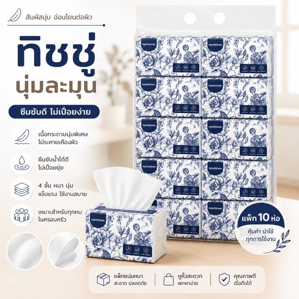 ZJ-02 RVMOWA【10ห่อ/20ห่อ】กระดาษทิชชู่ตั้งโต๊ะ มาตรฐาน GB/T20808