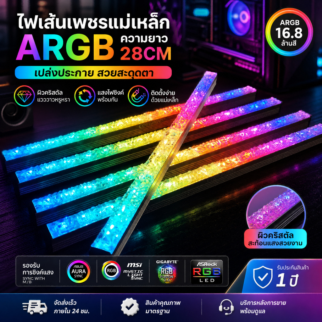 ไฟเส้น ARGB 5V แบบแข็ง แม่เหล็ก Diamond RGB สำหรับแต่งเคสคอม ซิงค์เมนบอร์ด PC Case Light Strip Gaming DIY Chassis Modify