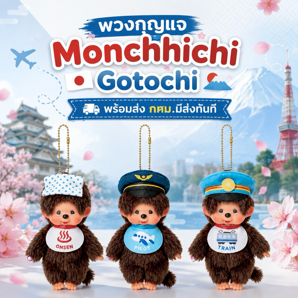 ((พร้อมส่งในไทย))🚀กทม.มีส่งทันที✈️🚃พวงกุญแจ Monchhichi Gotochi ลายออนเซ็น สนามบิน นายสถานีรถไฟ ของแท้จากญี่ปุ่น