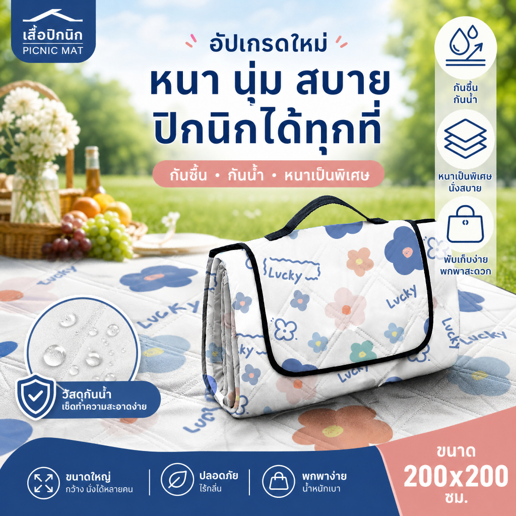 เสื่อปูพื้นปิกนิก กันน้ำ กันชื้น น้ำหนักเบา สำหรับนั่งสวน กลางแจ้ง ชายหาด Outdoor Mats Picnic Blanket Camping Beach Rug