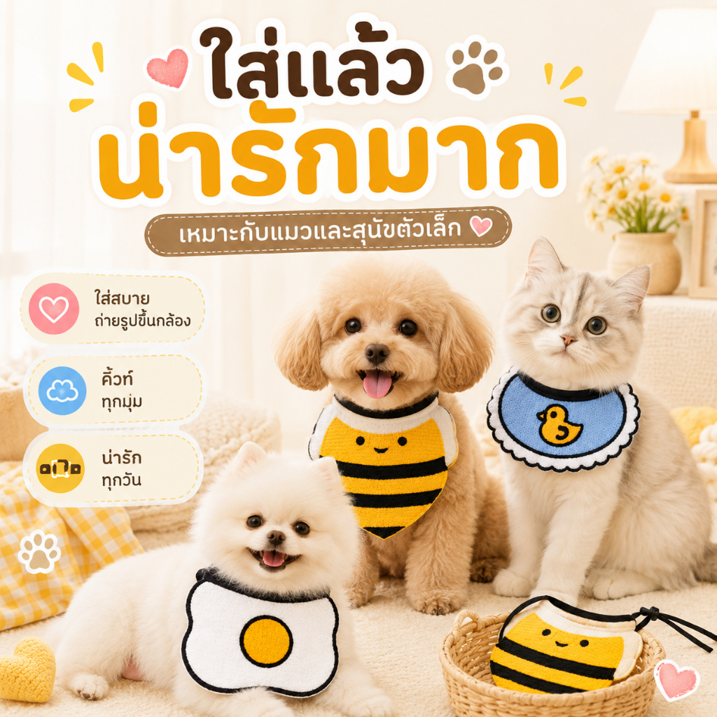 ผ้ากันเปื้อนสัตว์เลี้ยง ลายการ์ตูนน่ารัก ผ้ากันน้ำลายสำหรับแมวและสุนัข ใส่สบาย ปรับสายได้