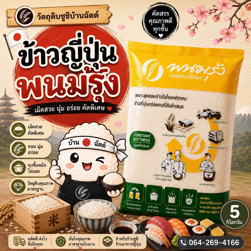 ข้าวญี่ปุ่น ตราพนมรุ้ง น้ำหนัก 5 กิโลกรัม ข้าวปั้นซูชิ เม็ดสวย นุ่ม อร่อย สำหรับซูชิ ข้าวปั้น ร้านอาหารญี่ปุ่น