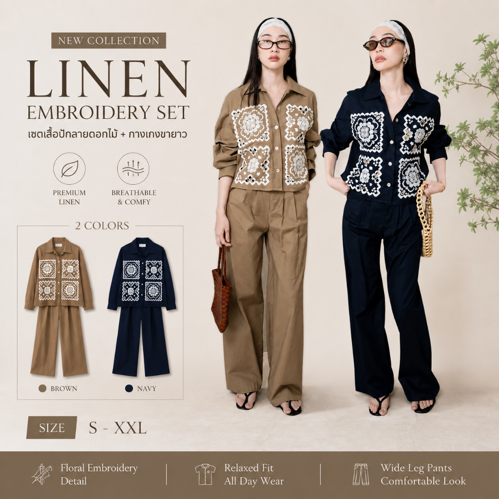 พร้อมส่ง Set เสื้อเชิ้ตปักดอกไม้หน้า + กางเกงขายาว งานป้าย vshopbrand