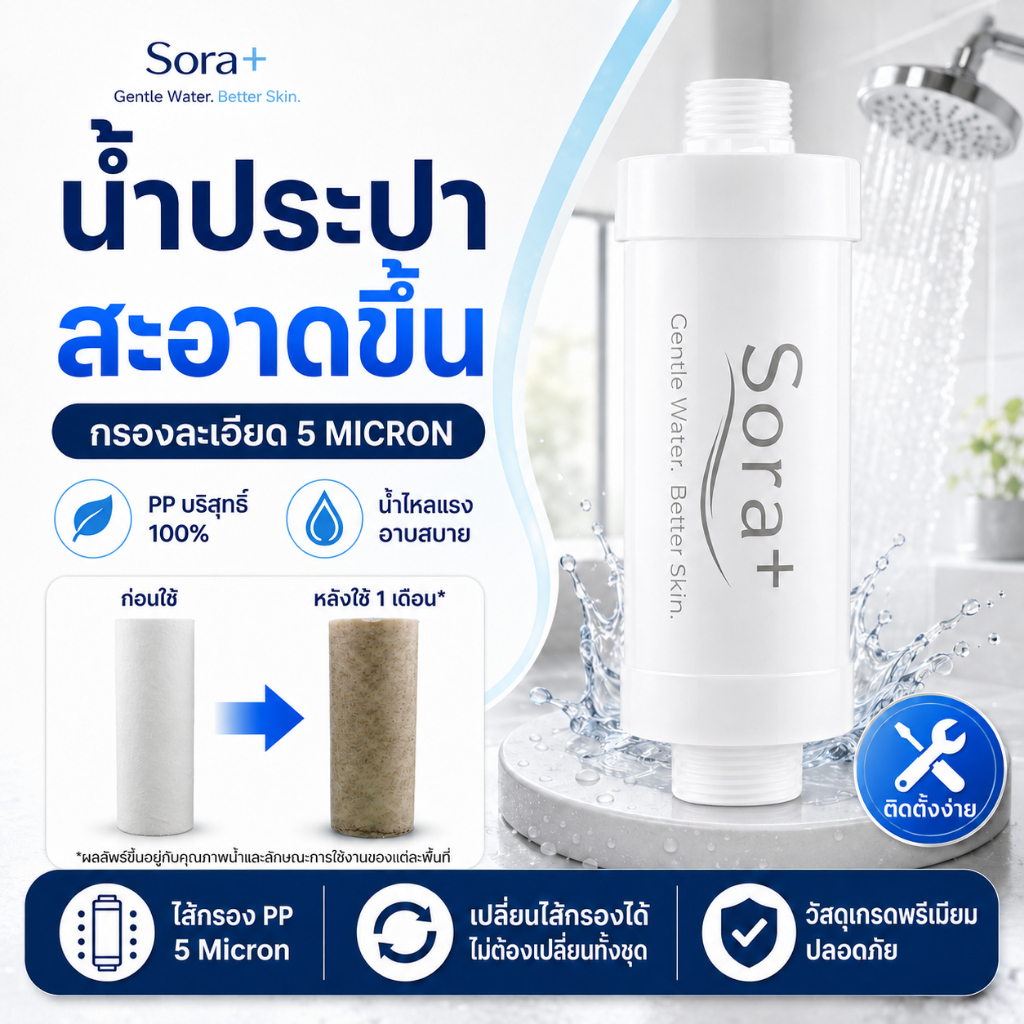 Sora+ | กรองน้ำฝักบัว Shower Filter ไส้กรองฝักบัว 5 ไมครอน กรองอาบน้ำ ลดสนิม ลดตะกอน
