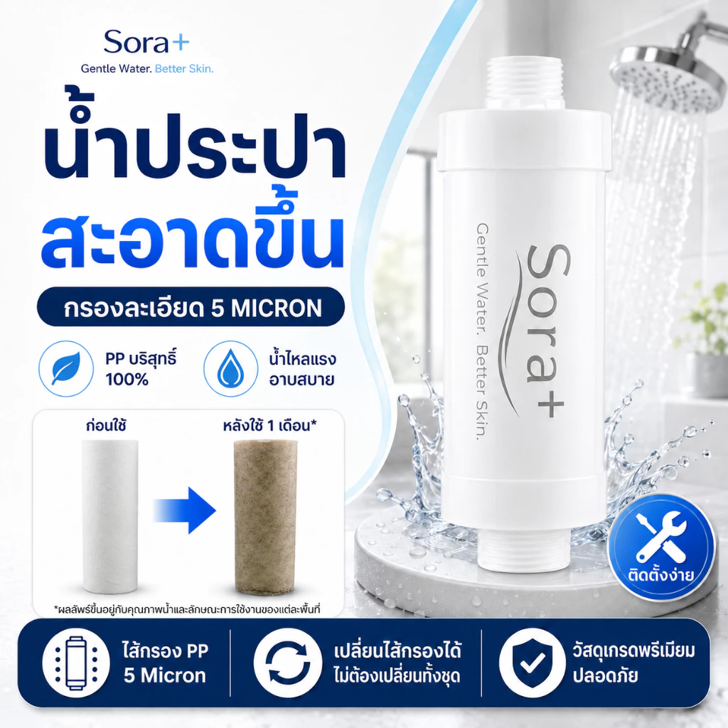 Sora+ | กรองน้ำฝักบัว Shower Filter ไส้กรองฝักบัว 5 ไมครอน กรองอาบน้ำ ลดสนิม ลดตะกอน