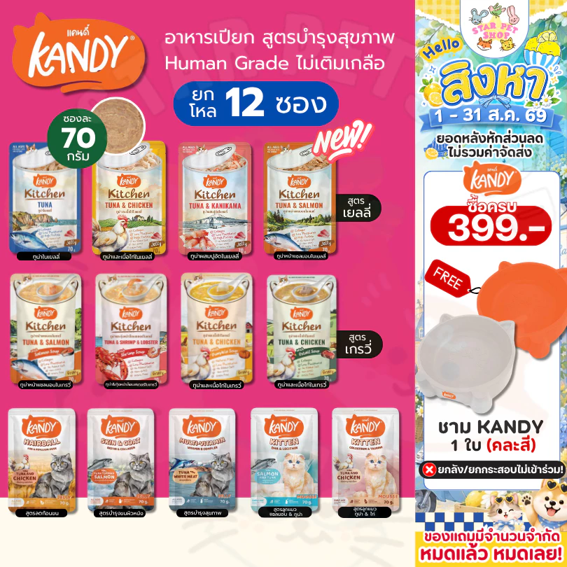 Kandy อาหารเปียก Holistic Grain Free ทูน่าเนื้อขาว ไม่เติมเกลือ สูตรดูแลสุขภาพ ยกโหล 70g*12ซอง