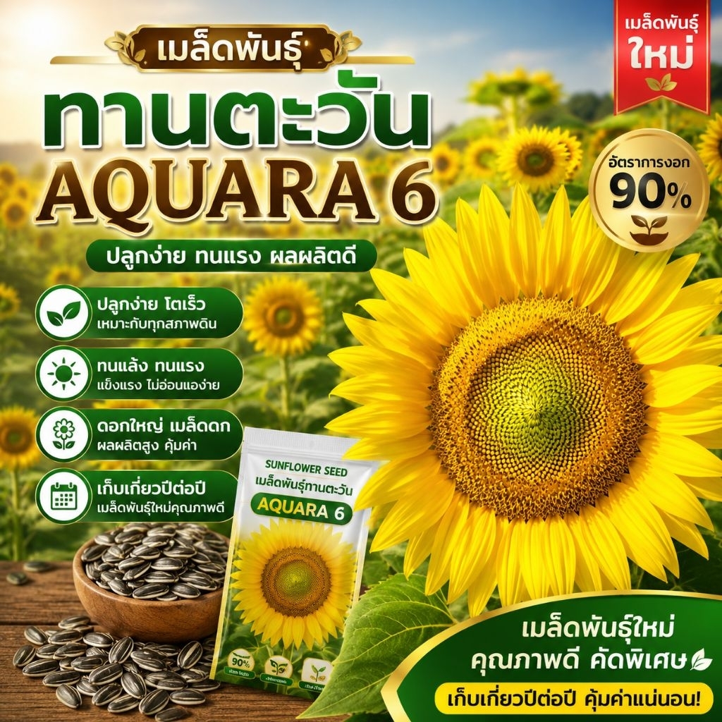 (เมล็ดพันธุ์ทานตะวันอะควอร่า6)100เมล็ด ดอกใหญ่เหลืองสวยจริง ทนแล้ง ปลูกง่ายให้ผลผลิตสูง