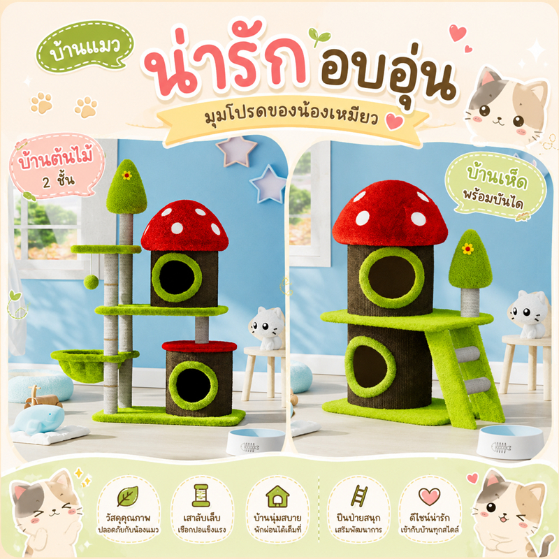คอนโดแมว บ้านเห็ด เสาลับเล็บ ที่นอนแมว คอนโดแมว 2-3 ชั้น ของเล่นแมว บ้านแมว 4-6ตัว F2 F4 F5 F3 F8 F1