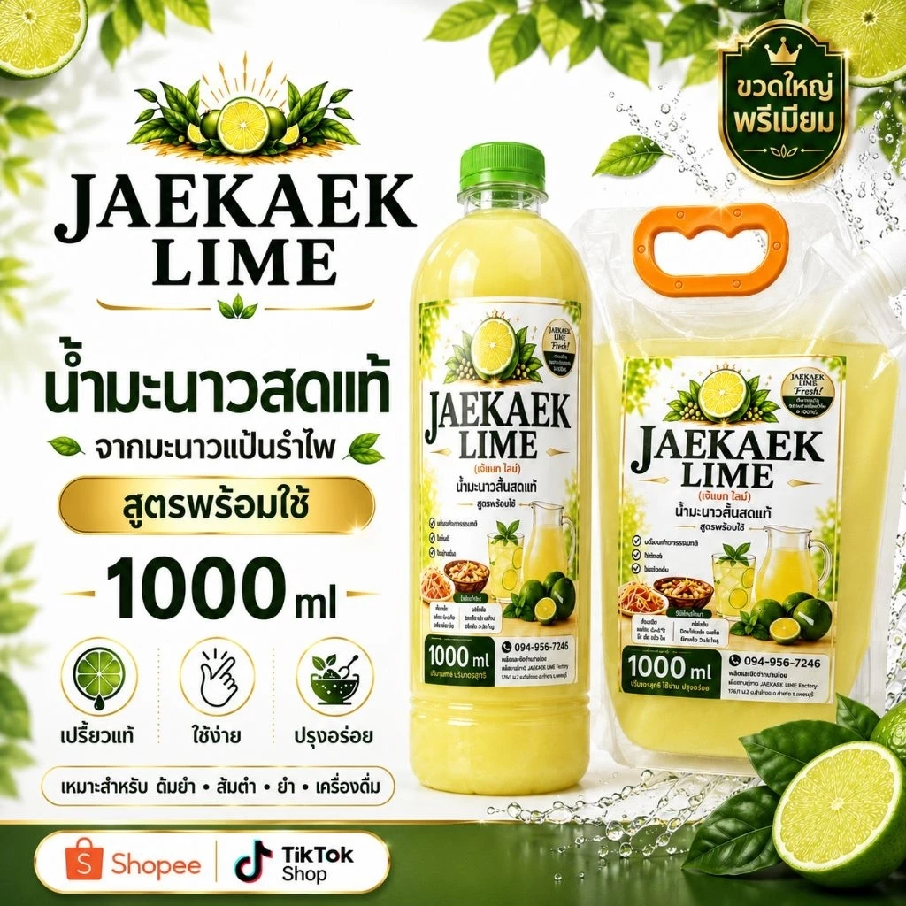 เจ๊แขกไลม์ น้ำมะนาวคั้นแท้ จากมะนาวแป้นรำไพ ขนาด 1000ml บรรจุถุงฝาเกลียว​ ยิ่งซื้อเยอะยิ่งถูก