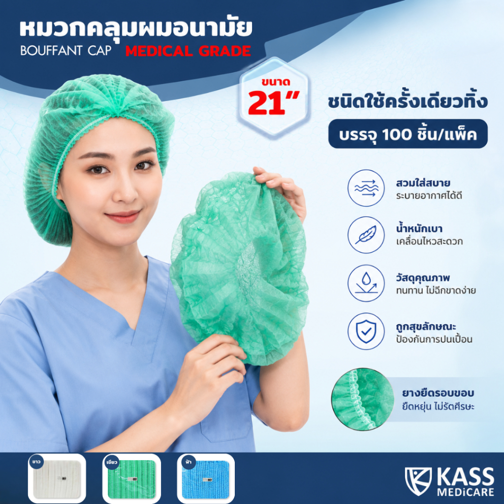 หมวกคลุมผม อนามัย หมวกตัวหนอน แบบใช้ครั้งเดียวทิ้ง Bouffant Cap ขนาด 21 นิ้ว (ราคารวม VAT 7%)