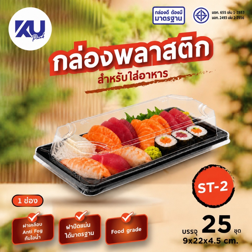 KU Pack กล่องใส่ซูชิ พร้อมฝา รุ่น ST2 ขนาด 200 ml. (1000 ชิ้น/ลัง)