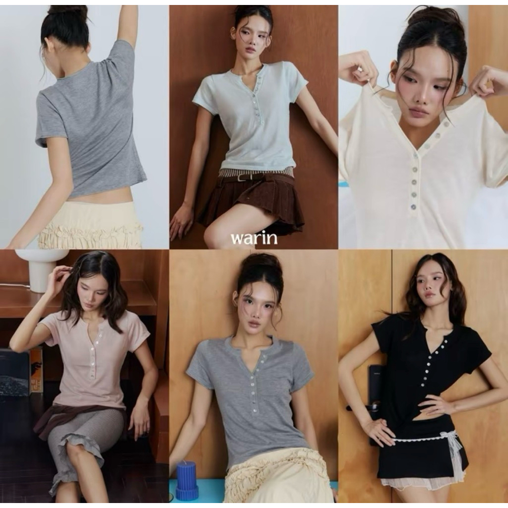 Warin - Mila Knit Top เสื้อไหมพรมแขนสั้นทรงเบสิก คอกลมผ่าหน้า