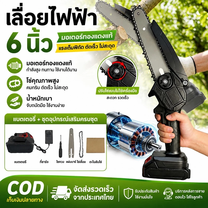 เลื่อยไร้สายขนาด 6 นิ้ว 21 โวลต์ พร้อมแบตเตอรี่และที่ชาร์จ น้ำหนักเบาและพกพาสะดวก ใช้สำหรับตัดไม้และตัดแต่งกิ่งไม้
