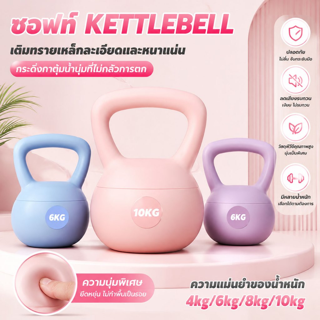 เคตเทิลเบลล์แบบนุ่ม เคตเทิลเบลล์ 4/6/8/10KG ลูกตุ้มยกน้ำหนัก ออกกำลังกาย ฟิตเนส ลดน้ำหนัก กันกระแทก ไร้เสียง