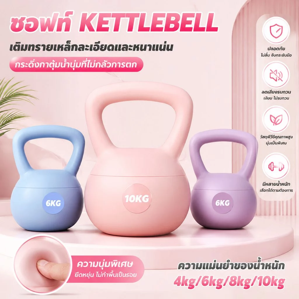 เคตเทิลเบลล์แบบนุ่ม เคตเทิลเบลล์ 4/6/8/10KG ลูกตุ้มยกน้ำหนัก ออกกำลังกาย ฟิตเนส ลดน้ำหนัก กันกระแทก ไร้เสียง