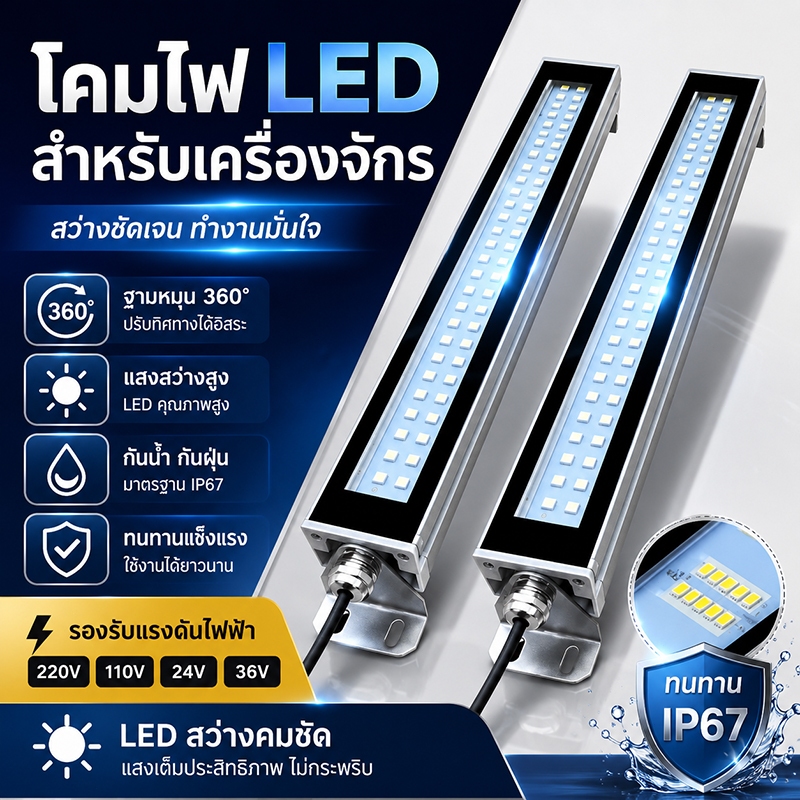 โคมไฟ LED สำหรับเครื่องจักร หลอดสว่างสูง รองรับหลายแรงดัน กันน้ำมัน สามารถหมุนปรับทิศทางได้ เหมาะใช้งานโรงงานหลายประเภท