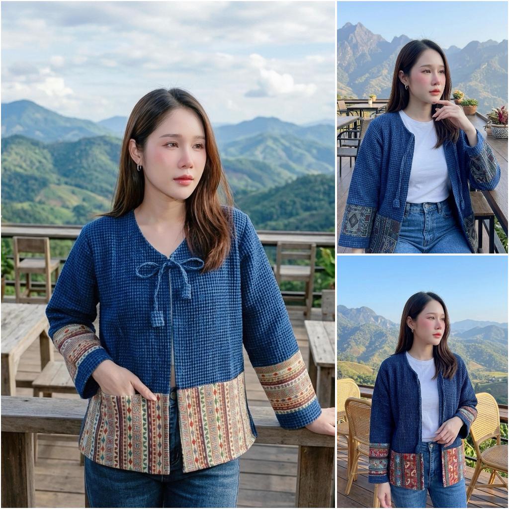 เสื้อคลุมผ้าฝ้ายฟอกสโตนวอส ผูกโบว์ แต่งเทปผ้าทอ ผ้าเนื้อนุ่ม ฟอกสีคราม