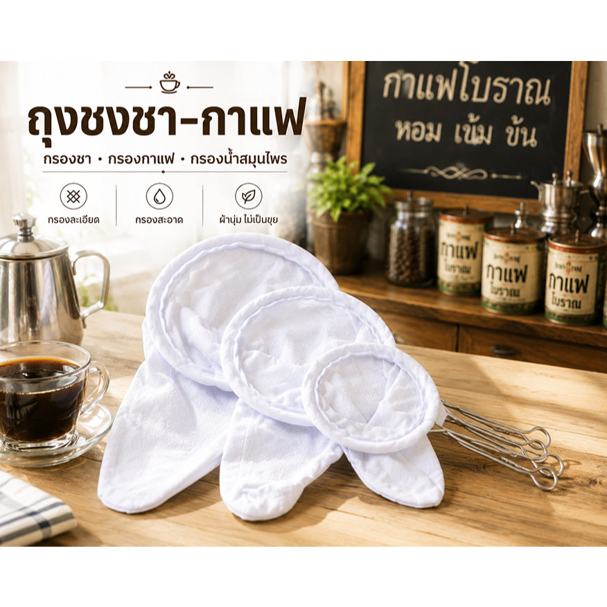 ถุงชงชา (4ขนาด) ถุงกรองชา ด้ามจับสแตนเลส ถุงชา ถุงชงกาแฟ ที่กรองกาแฟ ที่กรองชา ผ้าขาว