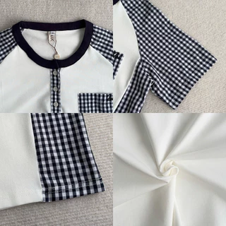 Glucoat | [A900] เสื้อยืดแขนสั้นสีขาว ลายสก็อตแต่งกระเป๋า กระดุมหน้าใช้งานได้จริง