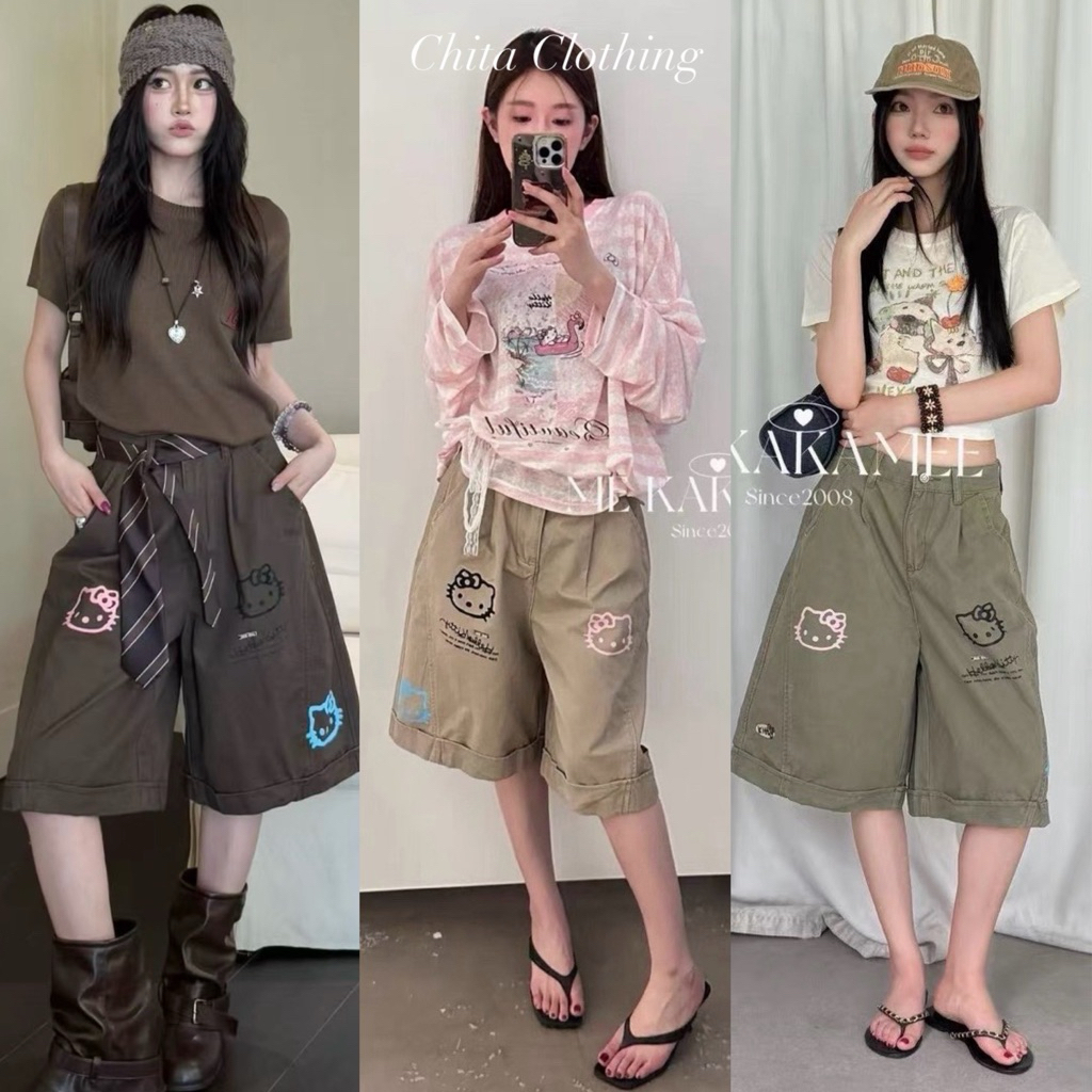 📍พร้อมส่ง เขียว น้ำตาล📍Chita Kitty earth tone denim กางเกงยีนส์ขาสั้นความยาวปิดเข่า (ทรงขากระบอกกว้าง) ปลายขาพับเย็บติด