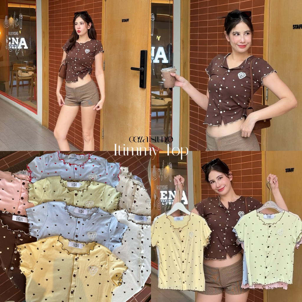 Itimmy Top(GELLA STUDIO)เสื้อยืดคอกลมขอบดีเทลกระดุมแต่งอะไหล่หัวใจ