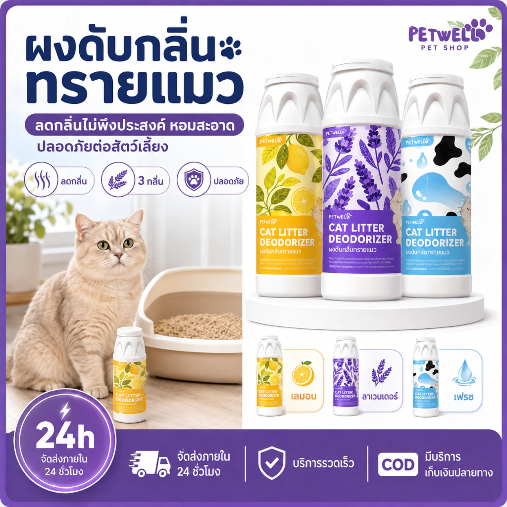 PETWELL ผงดับกลิ่นทรายแมว 500g ลดการสะสมของแบคทีเรีย ดูดซับความชื้น และช่วยยืดอายุทรายแมว