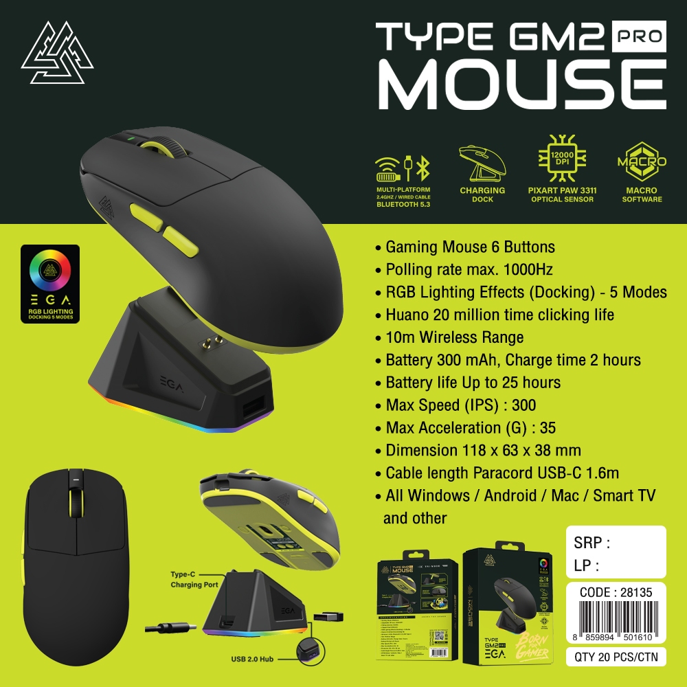 EGA Type GM2 Proเมาส์ไร้สายพร้อมแท่นชาร์จแม่เหล็ก[ประกัน 2 ปี]