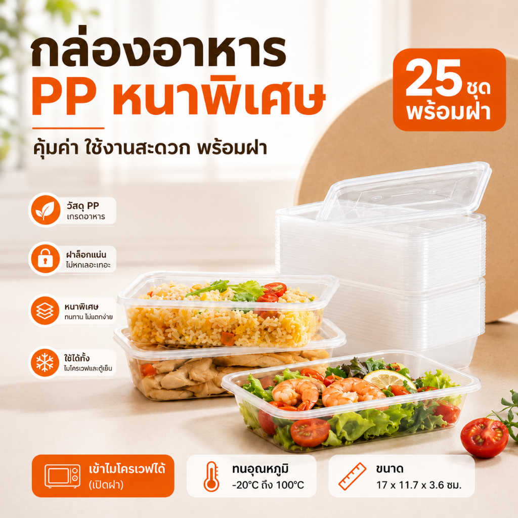 กล่องอาหารพลาสติก กล่องเหลี่ยม กล่องอาหาร เข้าไมโครเวฟได้ สีใส/สีดำ(25ชิ้น) 500/650/750/1000ML