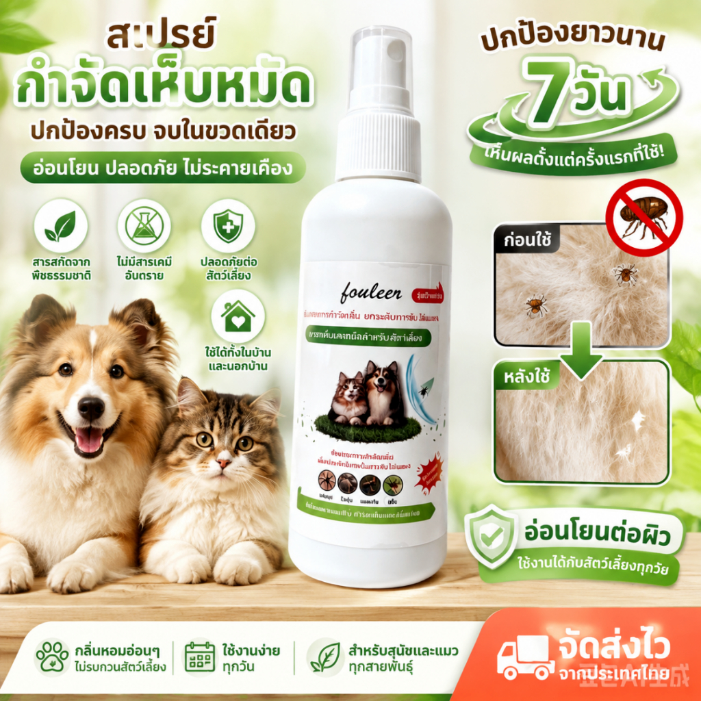 สเปรย์ไล่แมลงสำหรับสัตว์เลี้ยง.สเปรย์กำจัดเห็บหมัดสำหรับสัตว์เลี้ยง.ปกป้องการเจริญเติบโตที่แข็งแรงของสั
