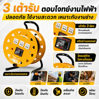 รอกม้วนสายไฟอเนกประสงค์ 2 แบบ ไม่มีปลั๊ก / 3 เต้ารับ 10A พร้อมเบรกเกอร์ 220V 32A แข็งแรง พกพาง่าย ไม่รวมสายไฟ