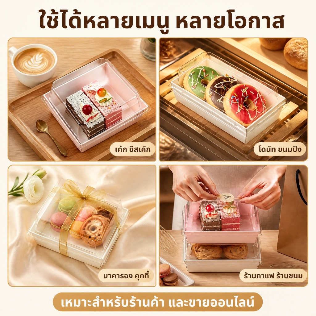 กล่องเค้ก แพค50ใบ 3สี (สีชมพู/ขาว/น้ำตาล) 3ขนาด! ฝา พลาสติก PET กล่องขนม กล่องแซนวิช กล่องเค้กฝาใส