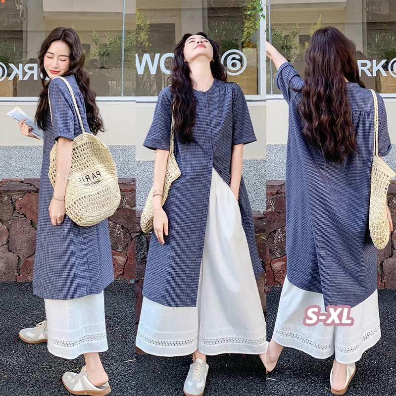 Grace ชุดเดรสเสื้อเชิ้ตลายตารางสำหรับผู้หญิง ชุดลำลองสไตล์เรโทรสำหรับฤดูร้อน พร้อมกางเกงขายาวทรงบาน 2 ชิ้น 99555/99556