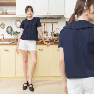 Glucoat | [A339] เสื้อยีนส์แขนสั้น คอปกแต่งระบายปัก glucoat กระดุมหน้าใช้งานได้จริง