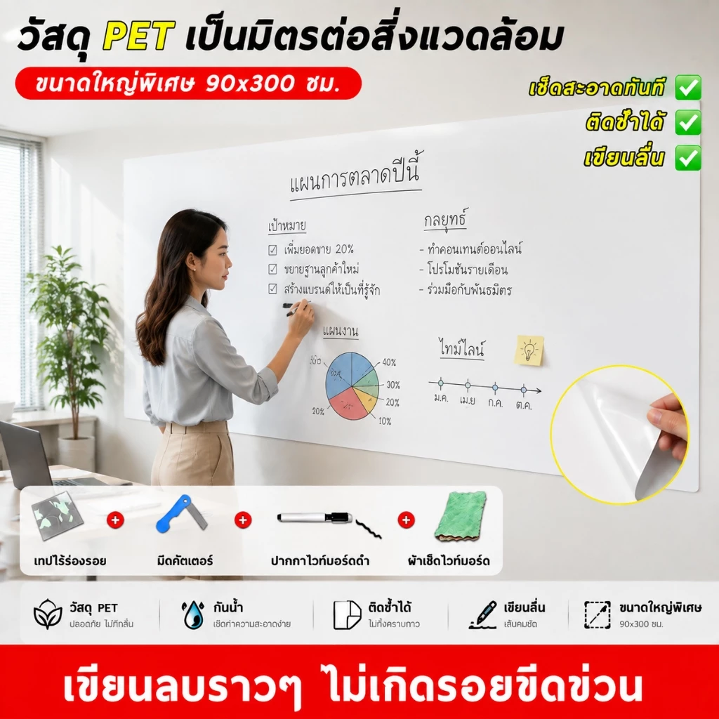 กระดานไวท์บอร์ด สติ๊กเกอร์ไวท์บอร์ด แผ่นไวท์บอร์ดติดผนัง ขนาดใหญ่ เขียนลบได้ ตกแต่งห้องเรียนสำนักงาน