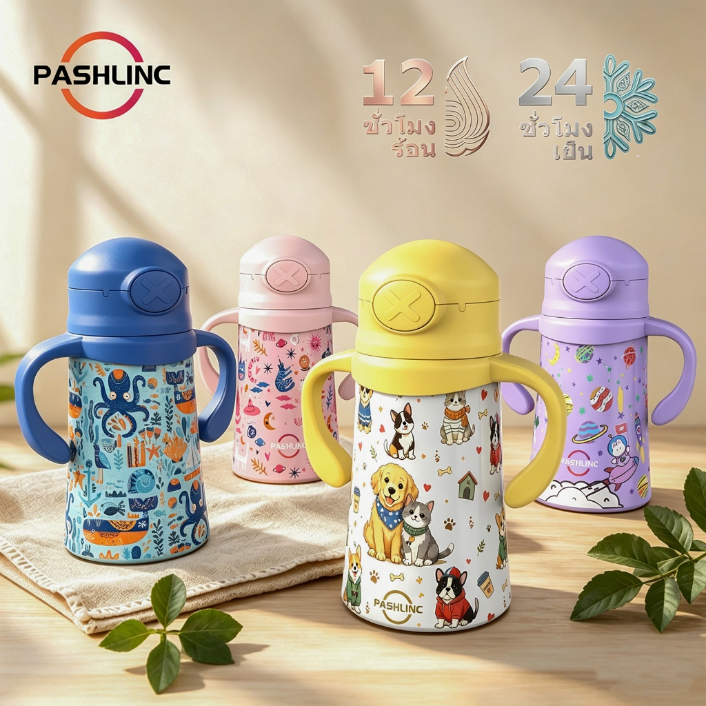 PASHLINC ขวดน้ำเด็กสแตนเลส 316 หน้าเดียว 2 หัวกิน กันรั่ว กันสำลัก มีหูจับและสายสะพาย สีม่วงดาวเคราะห์ น่ารัก ใช้ได้ทั้ง