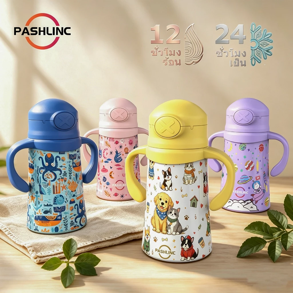 PASHLINC ขวดน้ำเด็กสแตนเลส 316 หน้าเดียว 2 หัวกิน กันรั่ว กันสำลัก มีหูจับและสายสะพาย สีม่วงดาวเคราะห์ น่ารัก ใช้ได้ทั้ง