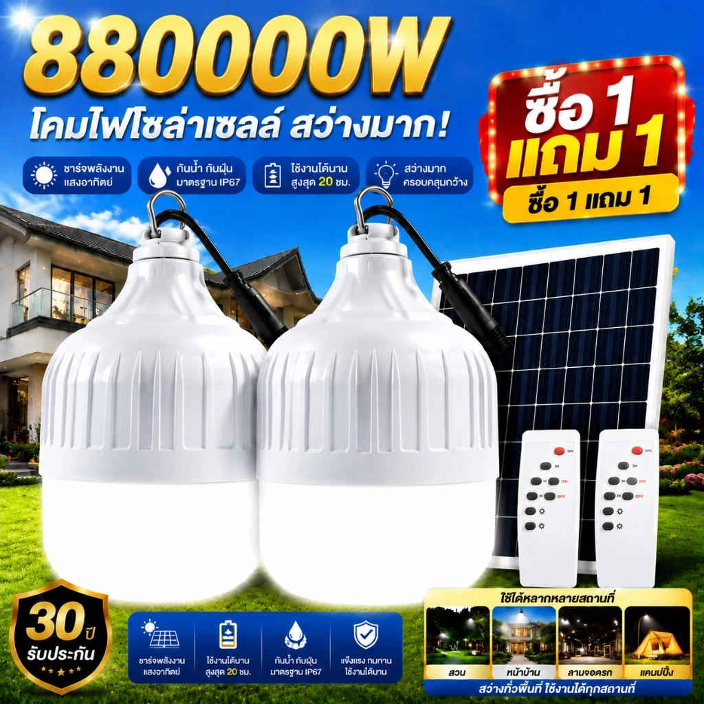 EEKOO🔥ซื้อ 1แถม 1🔥ไฟโซล่าเซลล์ 880000W โซล่าเซลล์ หลอดไฟโซล่าเซลล์ ไฟ led ไฟฉุกเฉิน ไฟแคมป์ปิ้ง พกพา กันน้ำกลางแจ้ง
