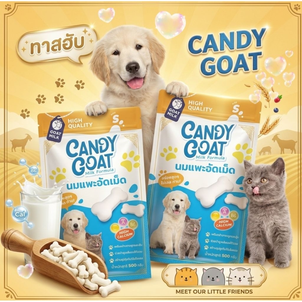 Candy Goat Milk แคนดี้โกทมิลค์นมแพะอัดเม็ดสุนัขและแมวเเละสัตว์เลี้ยง ขนาด 500 กรัม