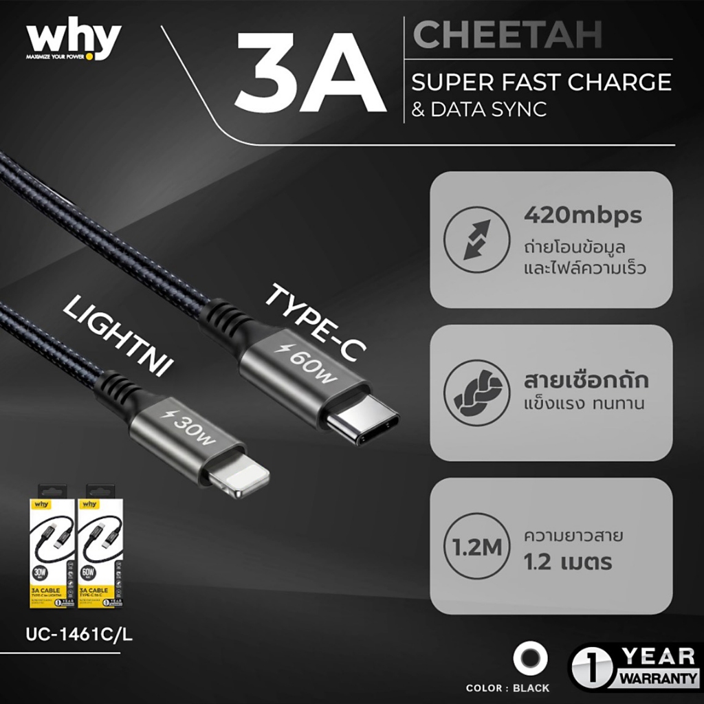 WHY สายชาร์จ Type-C 60W และ L 30W รองรับชาร์จเร็ว สายถัก ยาว 1.2 เมตร สำหรับ ไอโฟน และ แอนดรอยด์