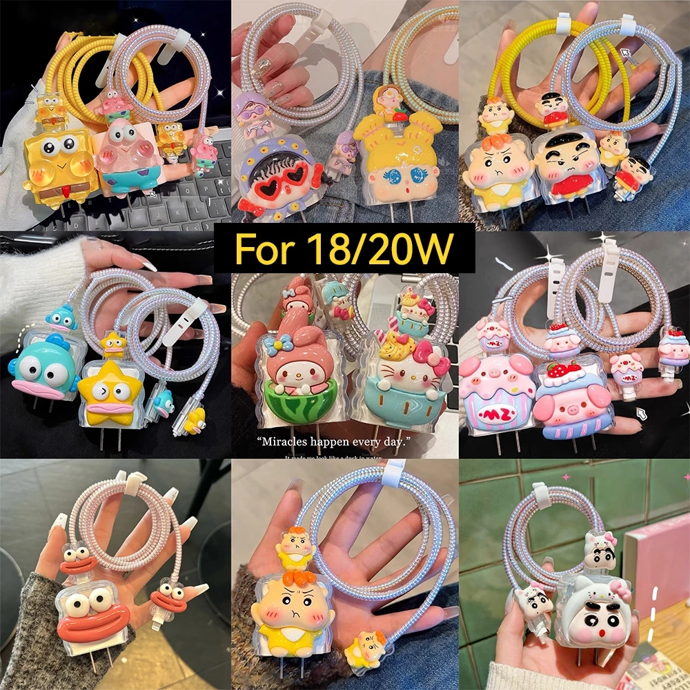 พร้อมส่ง เคสหัวชาร์จ 18W 20W ชุด 5ชิ้น ลายการ์ตูน 3D สำหรับ Apple iPhone เท่านั้น ปกป้องสาย กันสายหัก
