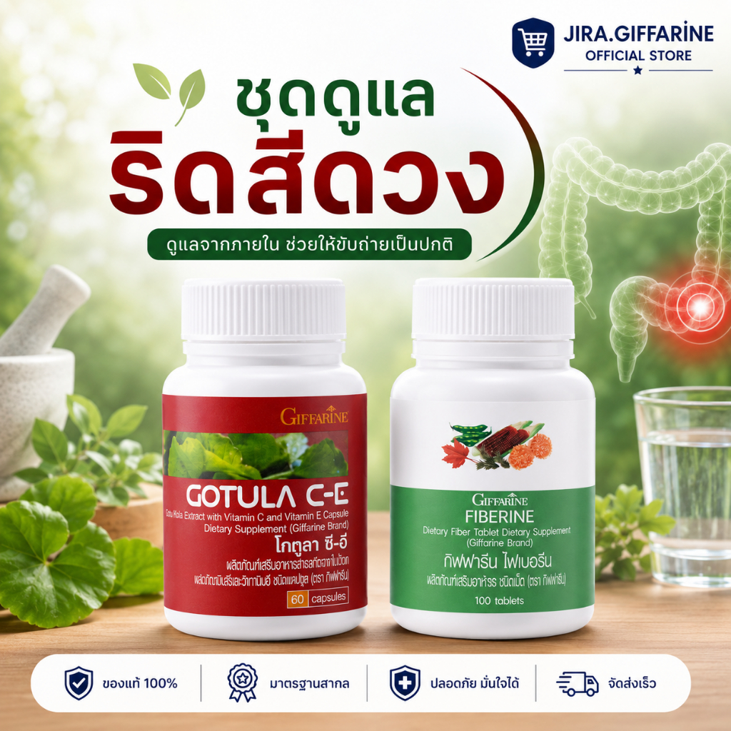 ชุดอาหารเสริม ระบบขับถ่าย ริดสีดวง สารสกัดจากใบบัวบก และ ไฟเบอร์ GOTURA C-E & FIBERINE