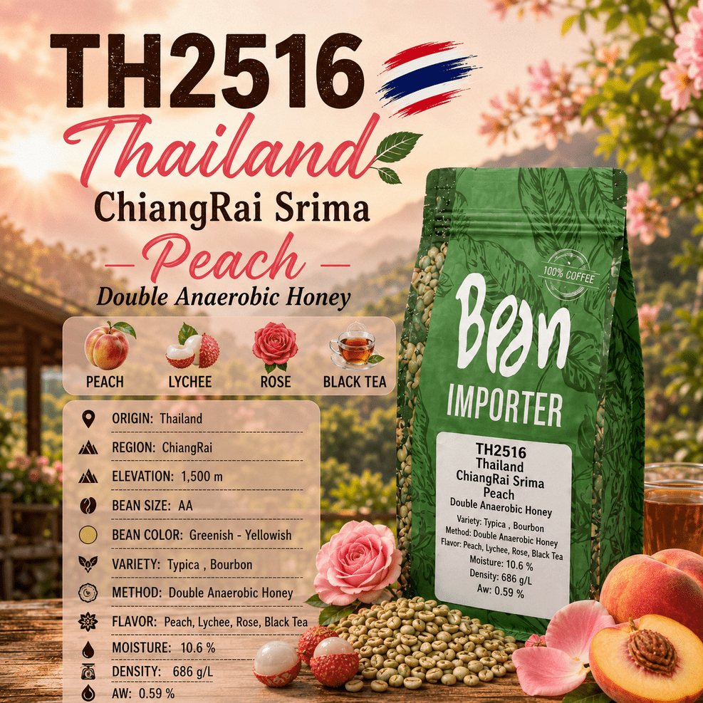สารกาแฟ/เมล็ดกาแฟดิบ/Green bean (TH2516) /กาแฟไทย เชียงราย ChiangRai Srima Peach Double Anaerobic Honey - 1Kg.
