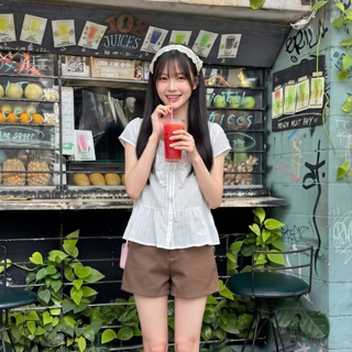 Wendy Top เสื้อแขนสั้นแต่งริ้ว ผูกโบว์ ด้านหน้าสไตล์เกาหลี Miladi