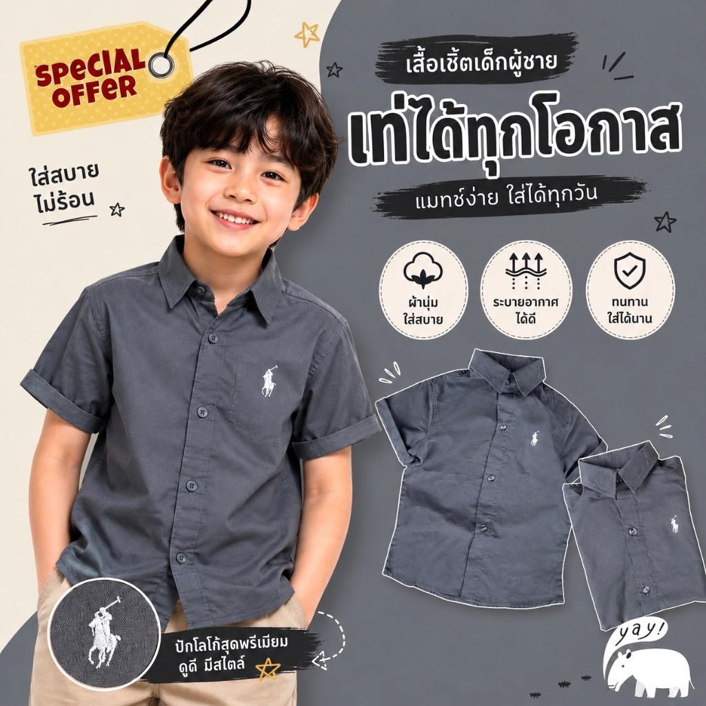 เสื้อเชิ้ตเด็กแขนสั้น 2-7ปี ใส่แล้วดูสุภาพ เรียบร้อย ดูดี