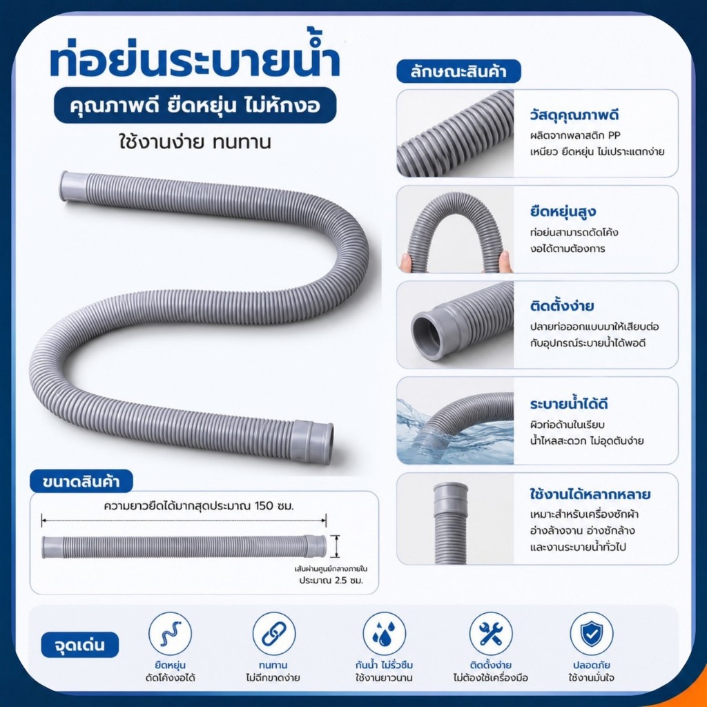 *1.5m* ท่อน้ำทิ้งเครื่องซักผ้า (เทา/ฟ้า/ขาว) ท่อน้ำเสียเครื่องซักผ้า ท่อน้ำทิ้งอ่างล้างจาน อ่างล้างจาน clearance