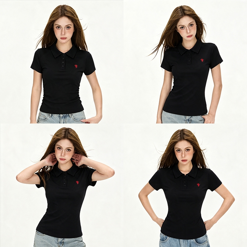 HELLDUL T0010 เสื้อยืดคอโปโลแขนสั้นผู้หญิง ทรงเข้ารูปสั้นครอป ออกแบบเรียบหรู ปักลายสัญลักษณ์ สวมใส่ง่ายทุกโอกาส ฤดูร้อน