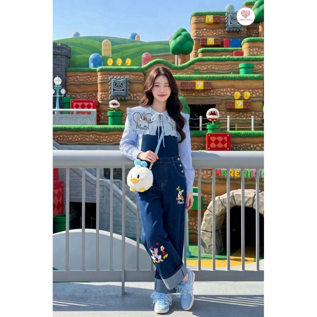 (มี3XL) Maria Diamond ยีนส์ Mickey Goody Set เซ็ต 2 ชิ้นงานสกรีนลายทั้งชุด เสื้อเชิ้ตกระดุมหน้าแขนยาว + เอี๊ยมยีนส์ขายาว