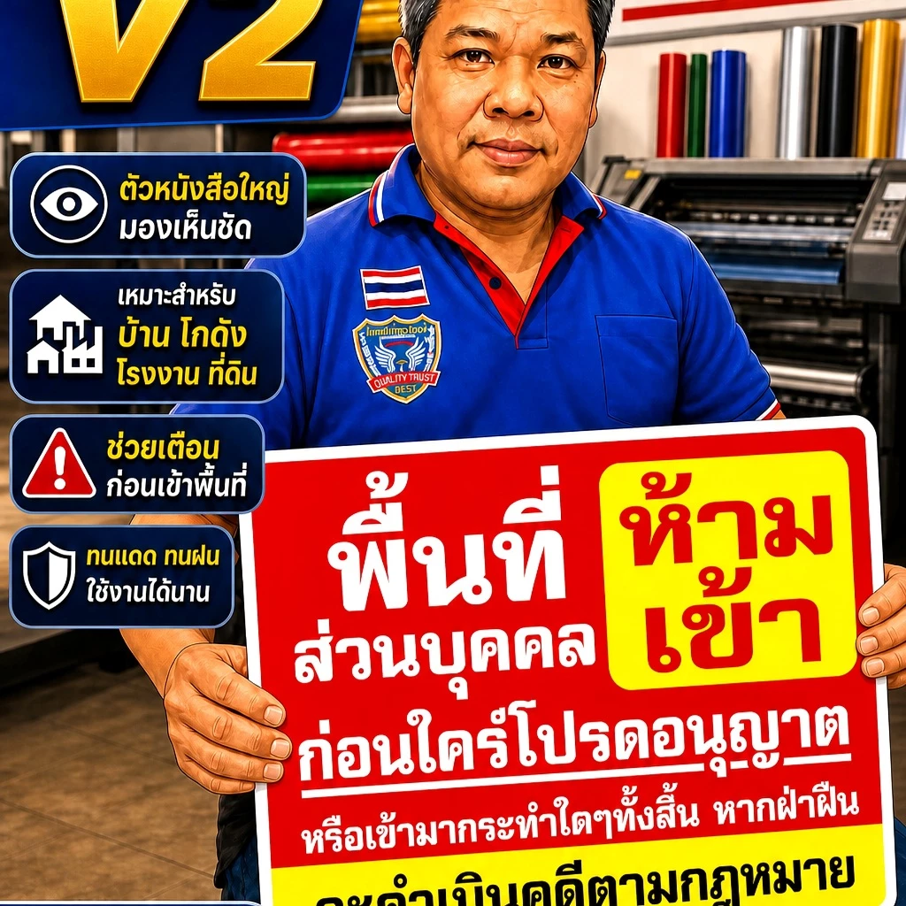 ป้ายไวนิล(V2) ป้ายไวนิลพื้นที่ห้ามเข้า ห้ามเข้าก่อนได้รับอนุญาต - พื้นที่ส่วนบุคคลห้ามบุกรุ