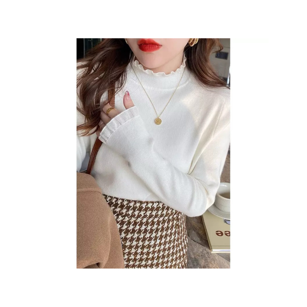 เสื้อไหมพรมแบบบาง แต่งขอบลูกไม้ระบาย คอปีน คอหยิกลุคหวาน สำหรับผู้หญิง
