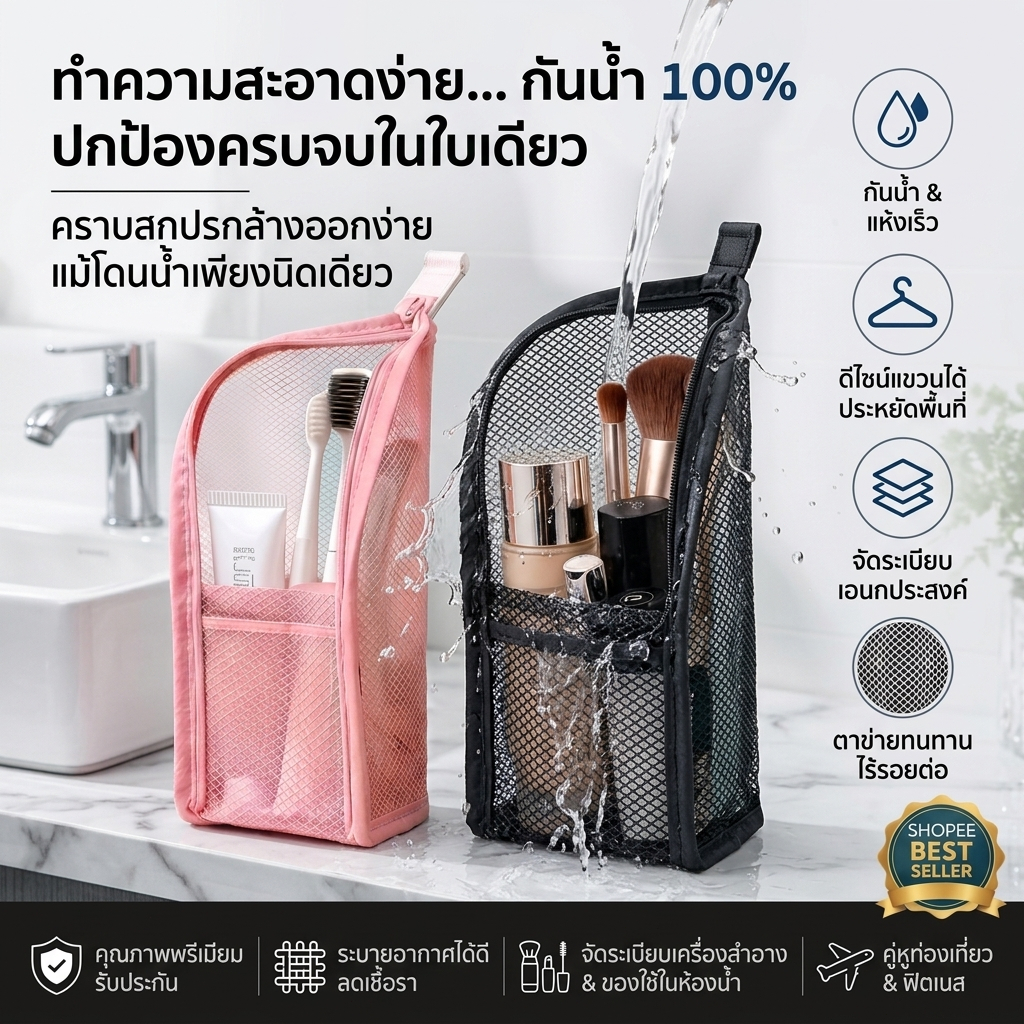 กระเป๋าใส่อุปกรณ์อาบน้ำ กระเป๋าตาข่ายกันน้ำ พับเก็บได้ แห้งเร็ว กระเป๋าจัดระเบียบเดินทาง ใส่เครื่องสำอางและของใช้ส่วนตัว